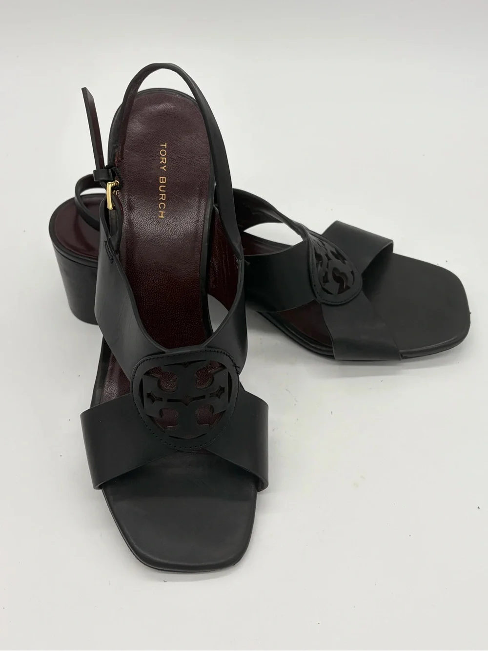 Tory Burch Black Leather Logo Block Heel Slingbacks